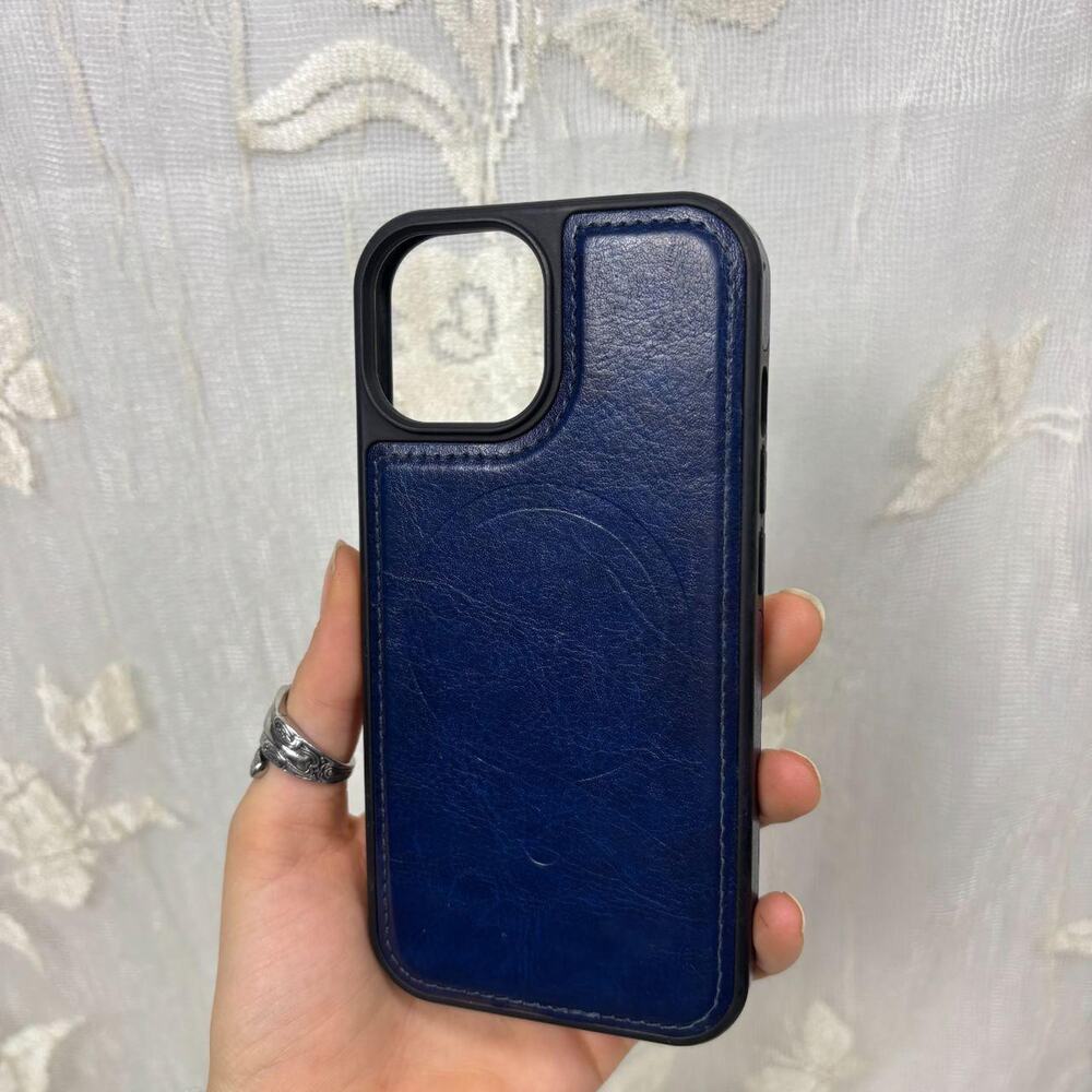Blue Faux Leather MagSafe iPhone 15 Case | Minimalist Style